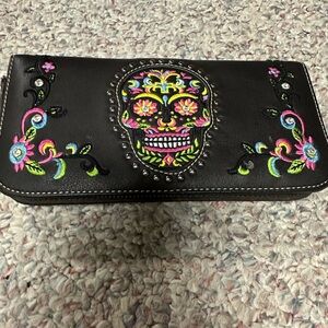Montana West Embroidered Black Wallet with Colorful Skull Design